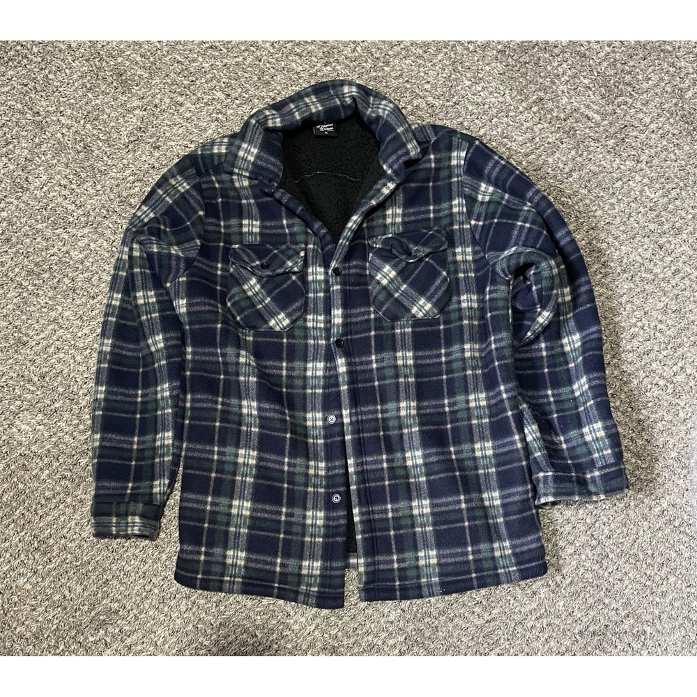 Original Deluxe XL Fleece Lined Flannel Shirt Jacket Navy Green Plaid Shacket